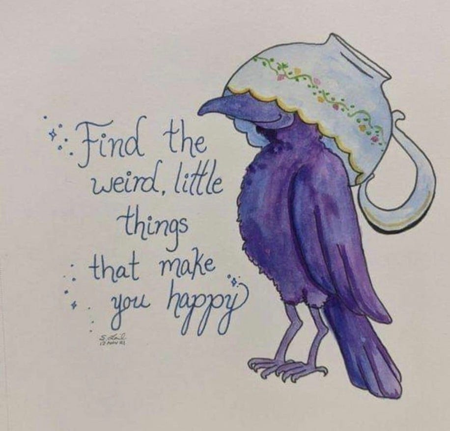 A bird with a teacup on its head

Description automatically generated