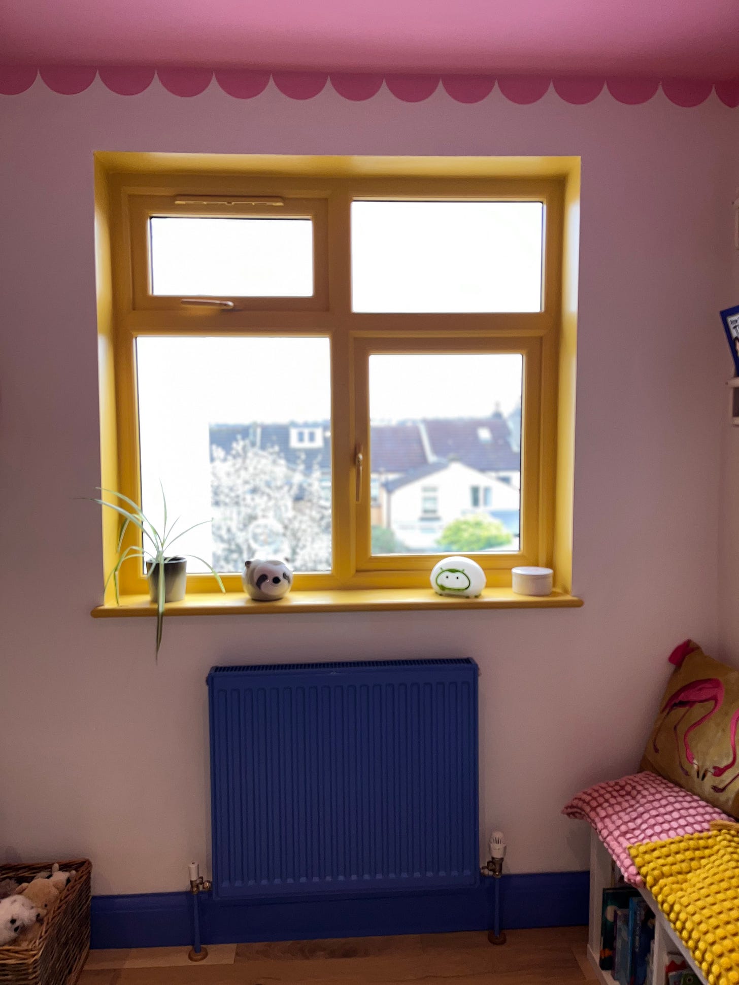 Paint colours' painted radiator; painted window; coloured window frames; colourful windows; upcycled furniture; recyclable furniture