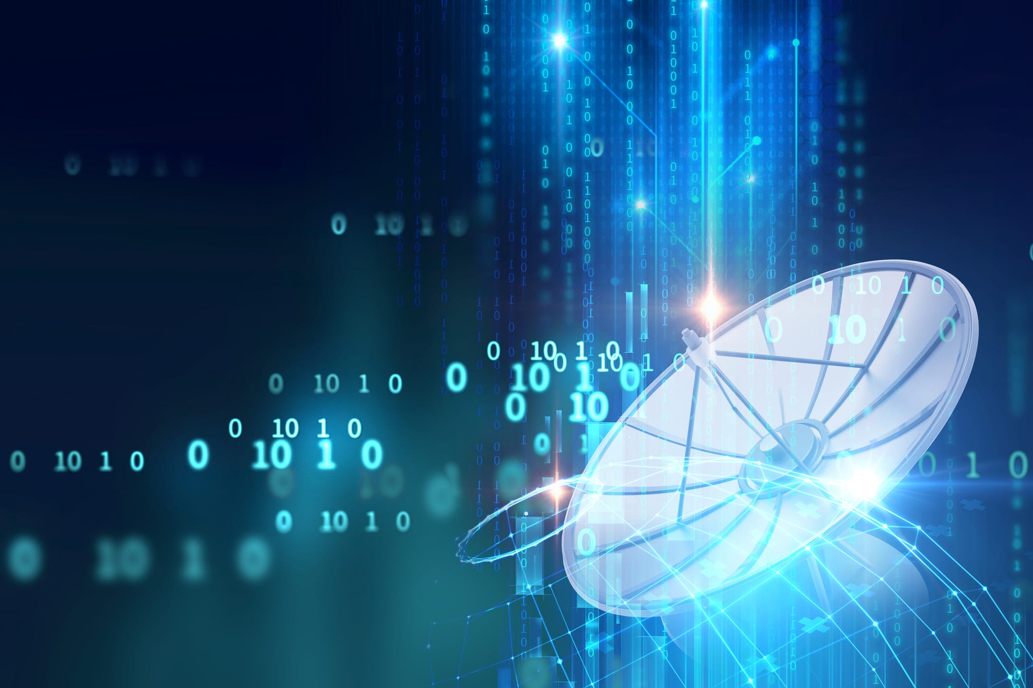 Image of a satellite dish with scatter 1s and 0s around it, indicating data being transmitted.
