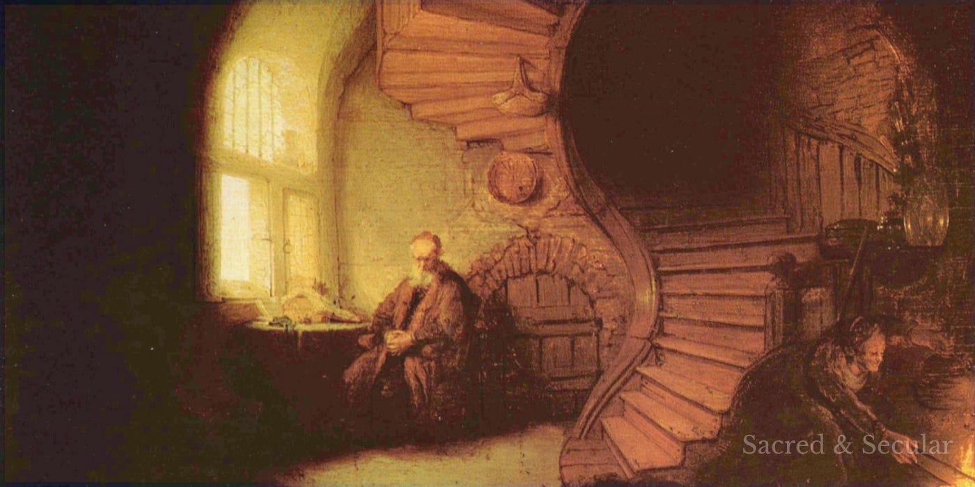 A dimly lit interior with a solitary figure seated in thought beside a bright window, while a large spiral staircase rises behind him. A dimly lit interior with a solitary figure seated in thought beside a bright window, while a large spiral staircase rises behind him.