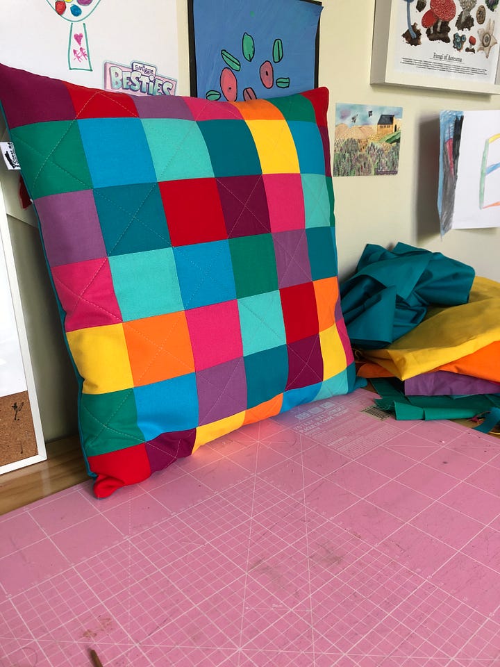 bright coloured patchwork coasters and cushion covers