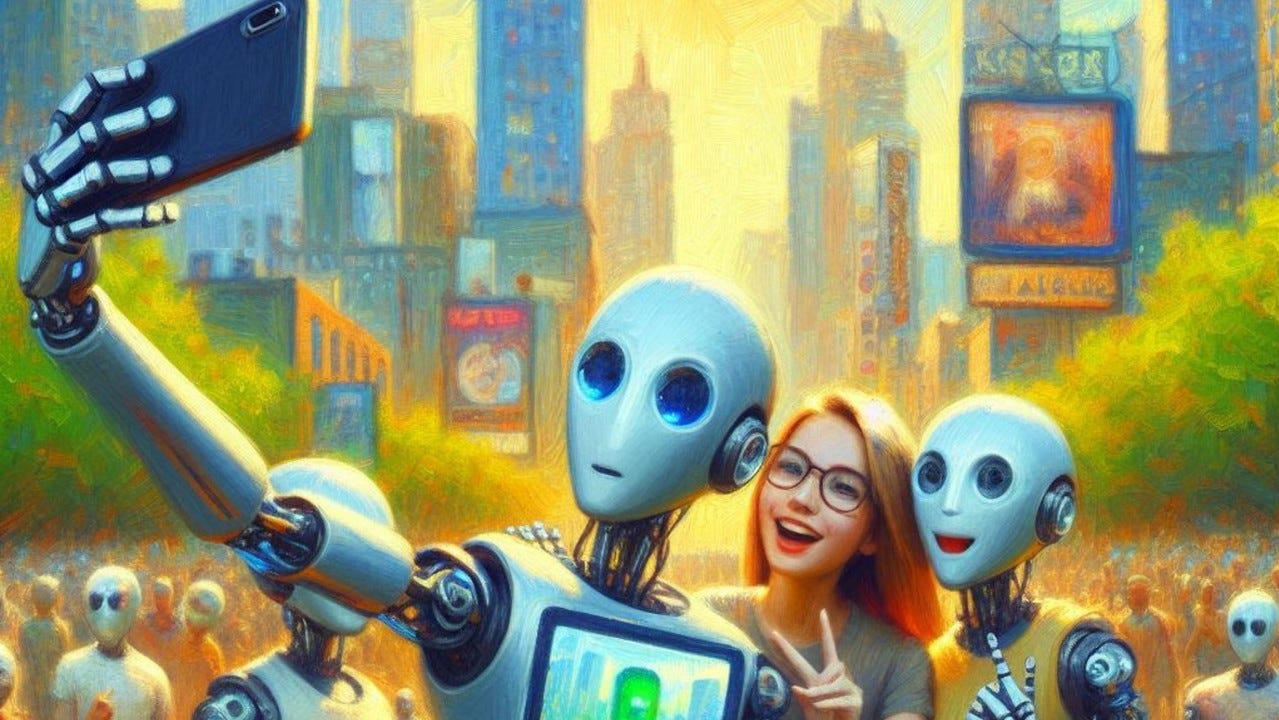 AI Art, Microsoft Copilot. Prompt: "An influencer robot taking a selfie with its human friends for its social media profile. Impressionist painting" AI Art, Microsoft Copilot. Prompt: "An influencer robot taking a selfie with its human friends for its social media profile. Impressionist painting"
