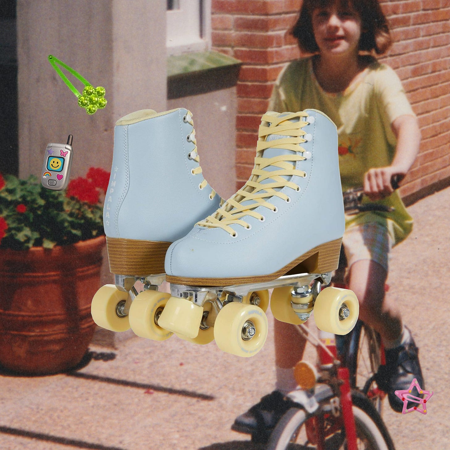 A pair of baby blue roller skates overlaid on a throwback photo of a child on a bicycle outdoors.