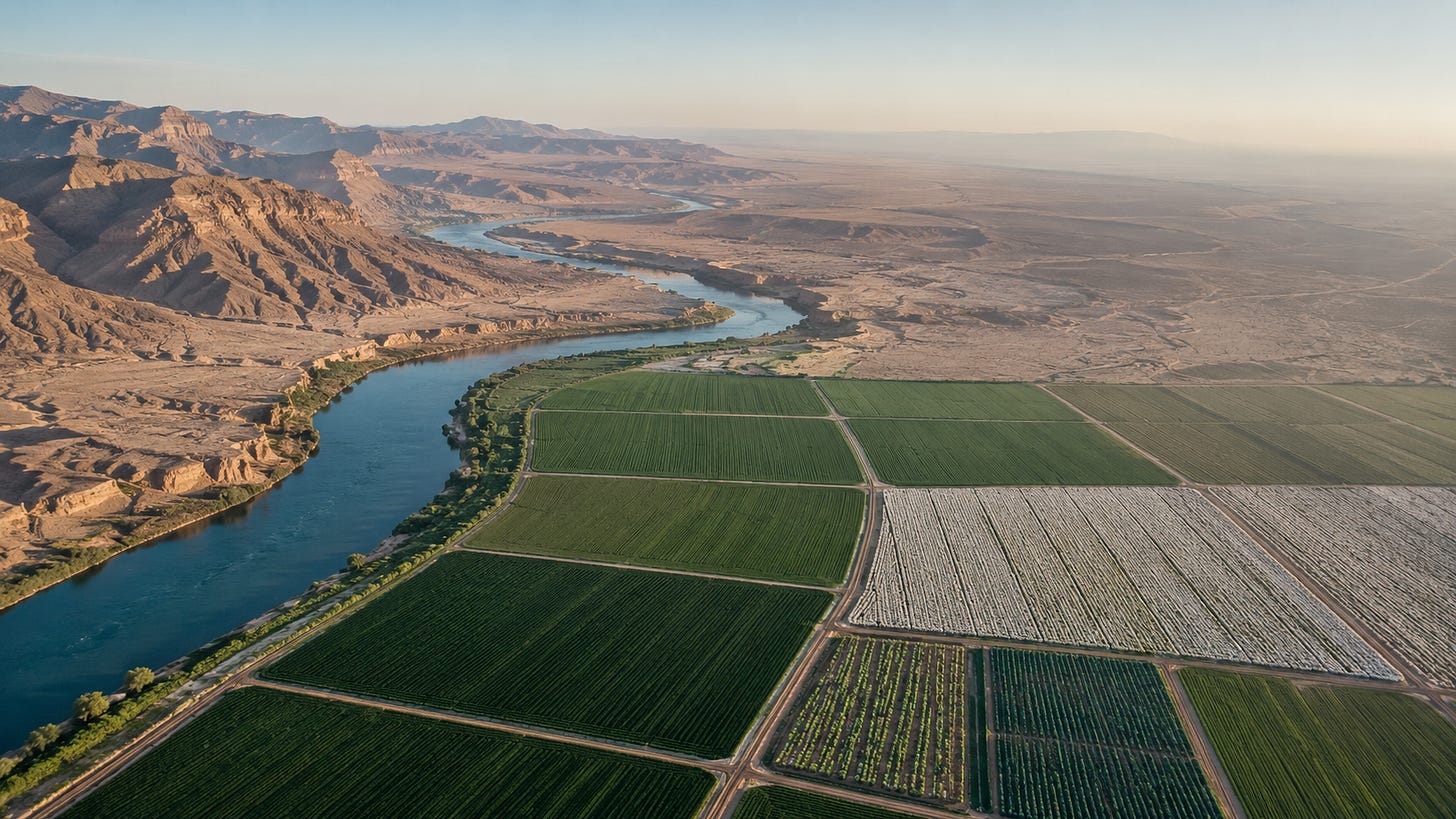 Aerial editorial illustration of the Colorado River beside irrigated desert farmland