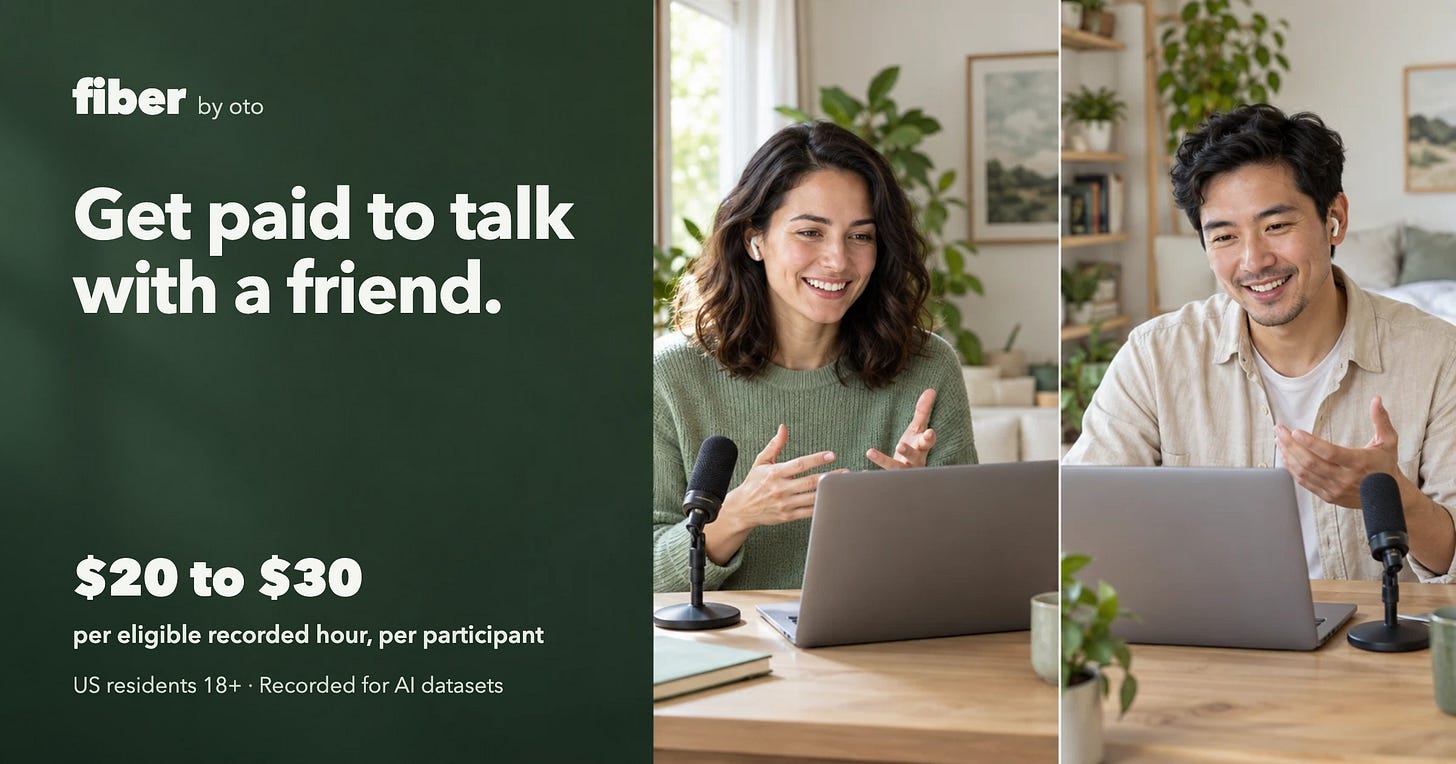 Fiber by oto. Get paid to talk with a friend. $20 to $30 per eligible recorded hour, per participant. US residents 18+. Recorded for AI datasets. The people shown are AI-generated.