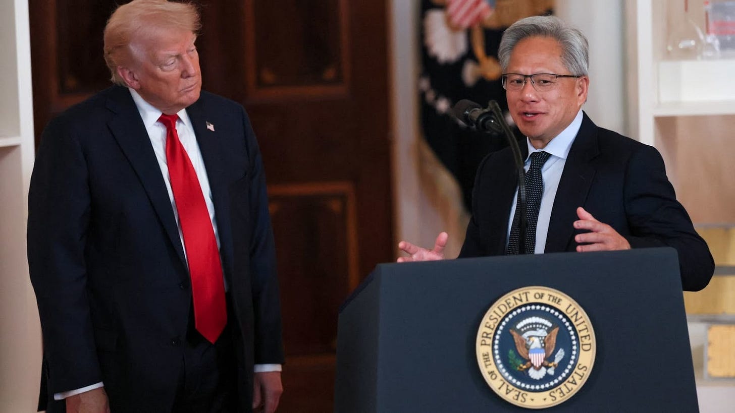 NVIDIA CEO Jensen Huang delivers remarks next to U.S. President Donald Trump at an 'Investing in America' event in Washington, D.C., U.S., April 30, 2025. REUTERS/Leah Millis