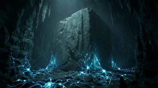 A mysterious stone vault deep within a cave system, illuminated by blue electric neural sparks A mysterious stone vault deep within a cave system, illuminated by blue electric neural sparks