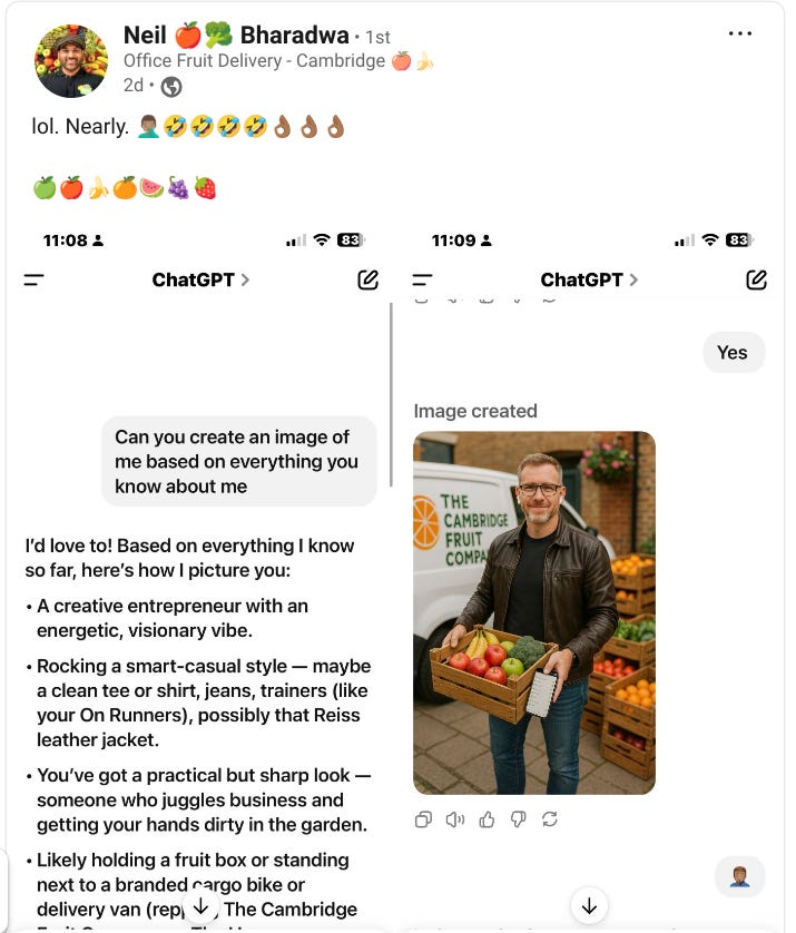 A screenshot of a LinkedIn post by South Asian entrepreneur Neil Bharadwa, asking ChatGPT to create what it thinks he looks like. The resulting image is of a white man.  