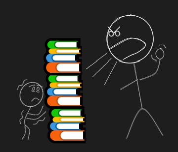 A small figure hides behind a stack of books, shielding themselves from an angry larger figure, symbolizing intellectualization and emotional defense.