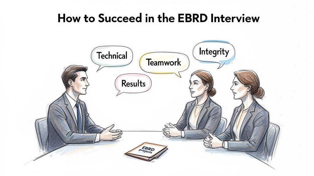 An illustration of a job interview for EBRD, highlighting success factors: Technical, Teamwork, Results, Integrity. An illustration of a job interview for EBRD, highlighting success factors: Technical, Teamwork, Results, Integrity.
