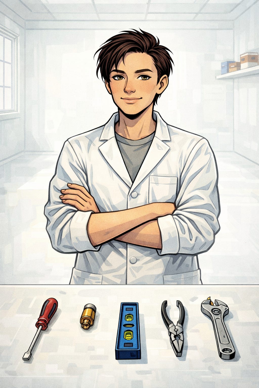 Cartoon image of a precise craftsperson standing at a perfectly organized workbench in a bright, immaculate workshop. Cartoon image of a precise craftsperson standing at a perfectly organized workbench in a bright, immaculate workshop.