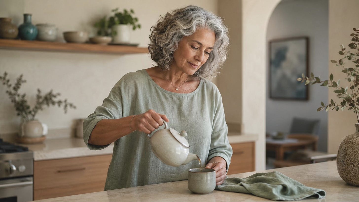Grey-haired woman calmly pouring tea in a warm kitchen, suggesting emotional steadiness in everyday life. Grey-haired woman calmly pouring tea in a warm kitchen, suggesting emotional steadiness in everyday life.