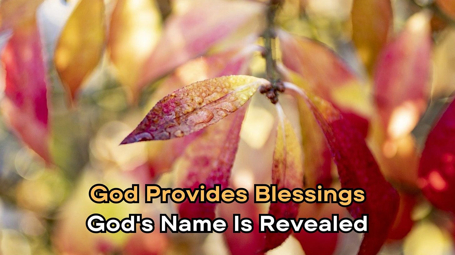 A wooden ladder leads up to a vibrant sky with pink and blue hues, next to a snow-covered wooden bench. It includes the text: "God Provides Blessings: God's Name Is Revealed"