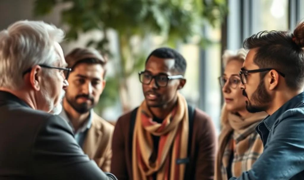 A group of diverse professionals in a serious conversation, seated in a circle. One older man appears to be speaking while the others listen attentively. The mood is focused and respectful, suggesting a moment of reflection or leadership dialogue. A group of diverse professionals in a serious conversation, seated in a circle. One older man appears to be speaking while the others listen attentively. The mood is focused and respectful, suggesting a moment of reflection or leadership dialogue.