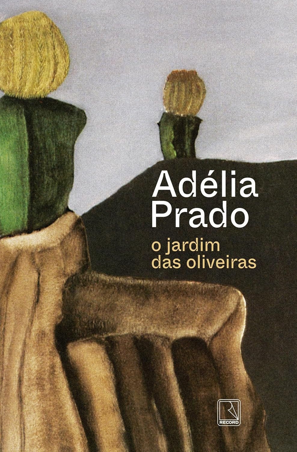 #descrevemospravocê  Capa do livro O Jardim das Oliveiras, de Adélia Prado, publicado pela editora Record. O fundo da capa apresenta uma ilustração de estilo artístico, com traços que lembram pintura a lápis de cor ou pastel seco, em tons terrosos, verdes e cinzentos.  No canto inferior esquerdo, vê-se a parte superior de uma escultura ou estrutura arredondada, com formas verticais que lembram colunas ou raízes. À esquerda, destaca-se uma figura abstrata composta por um bloco verde escuro com um topo arredondado em tom amarelado, semelhante a uma árvore ou planta com copa densa. À direita e ao fundo, há uma figura semelhante, porém menor, sugerindo profundidade e perspectiva.  O nome da autora, Adélia Prado, aparece em letras brancas, centralizado na metade inferior da capa. Abaixo, o título do livro, o jardim das oliveiras, está escrito em letras menores, em amarelo claro. No canto inferior direito, está o logotipo da editora Record, em branco.  A composição visual transmite uma atmosfera contemplativa, simbólica e poética, alinhada ao estilo literário da autora.