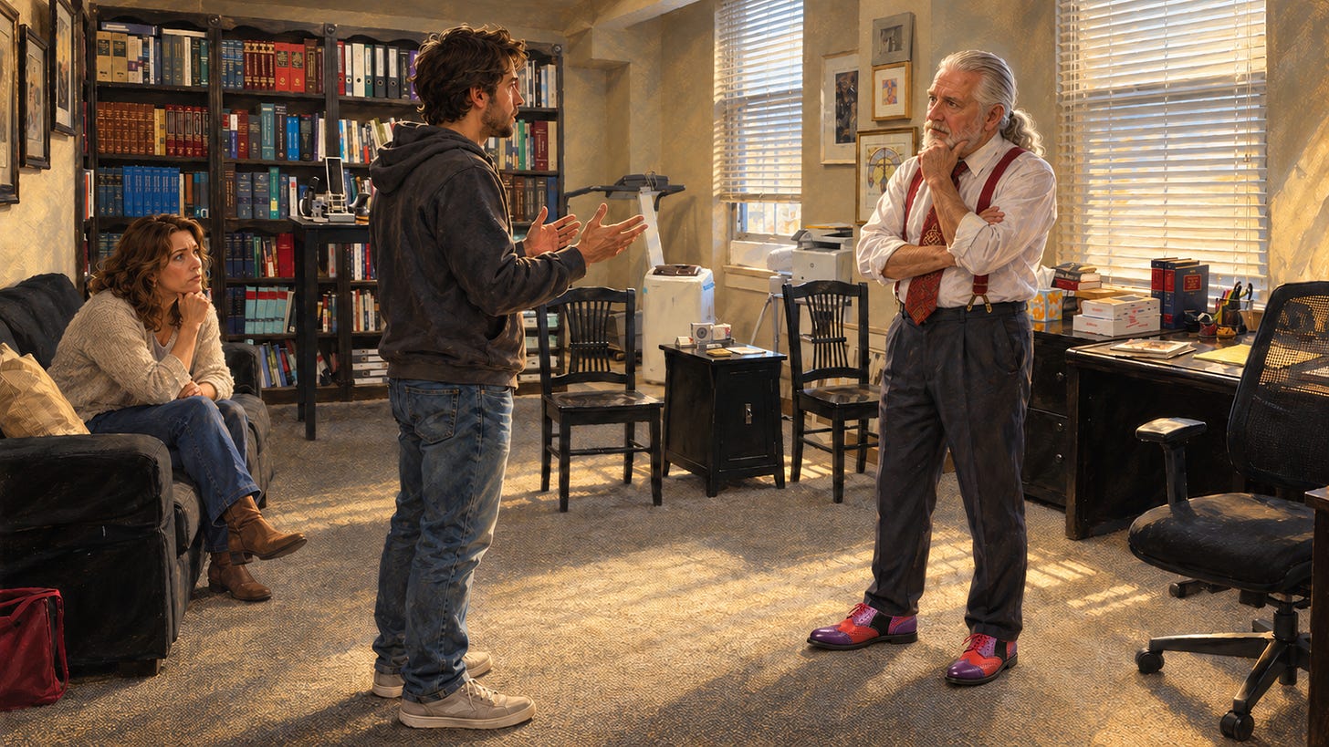 Watercolor and oil illustration of Rick Horowitz, wearing red suspenders and red-and-purple shoes, working with a client to reenact an encounter from his case, in the open space of his law office. A woman watches from the sofa.