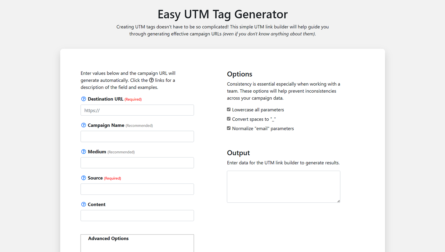 Snímek obrazovky nástroje Easy UTM Tag Generator