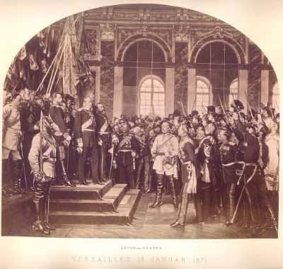 The proclamation of the German Empire in the Hall of Mirrors at the Palace of Versailles on 18 January 1871.