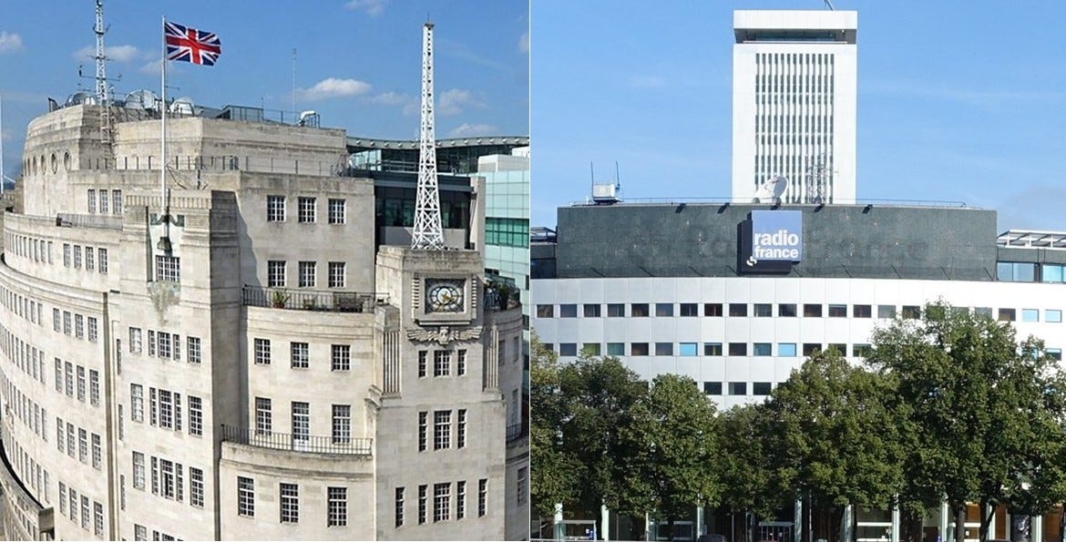 Left: Broadcasting House, London; right: Maison de la radio, Paris