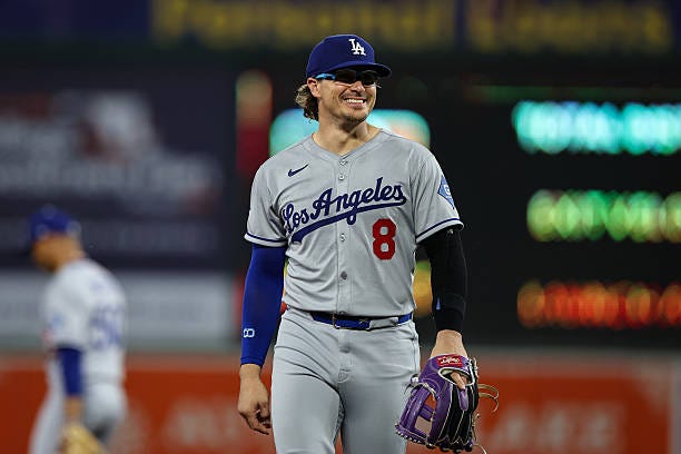 Enrique Hernández of the Los Angeles Dodgers reacts during the seventh inning against the Baltimore Orioles at Oriole Park at Camden Yards on...
