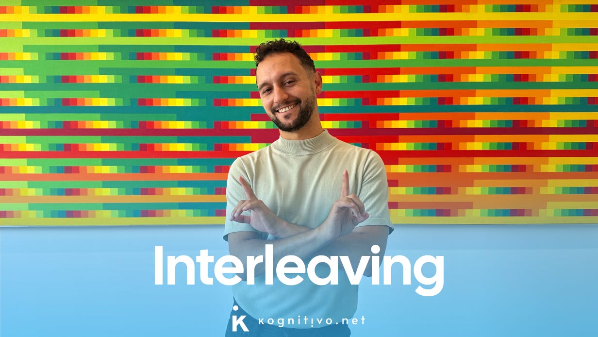 Depiction of a young man against a picture mixing different colors suggesting the concept of interleaving. Depiction of a young man against a picture mixing different colors suggesting the concept of interleaving.