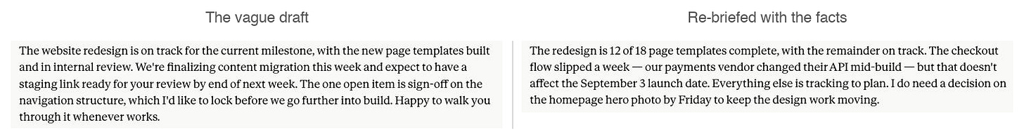Side by side: a vague status update and the same update rewritten with real numbers and names