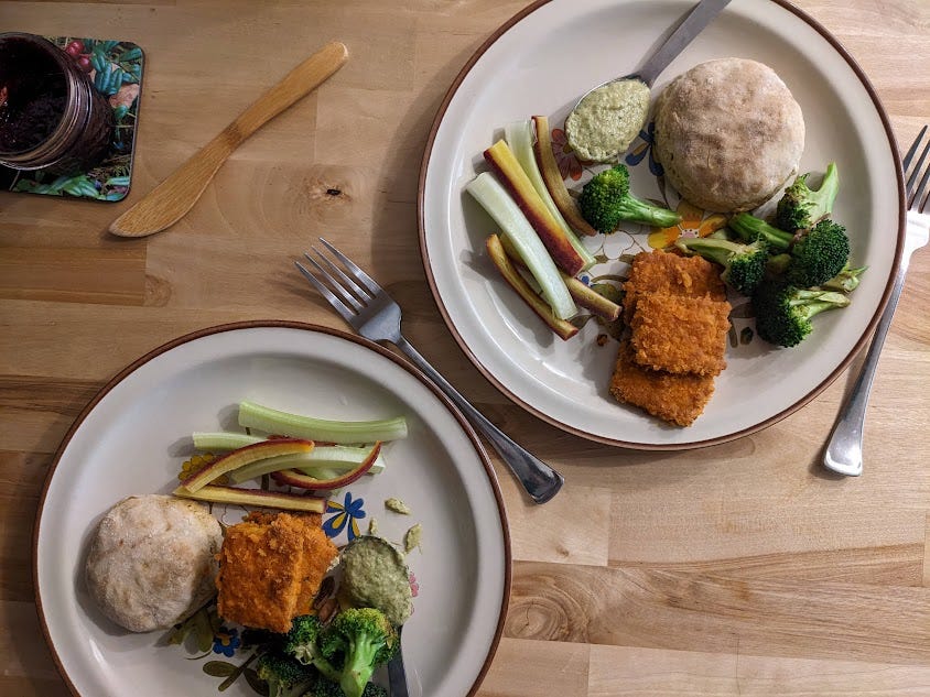 plates of buffalo tofu, biscuits and crudite