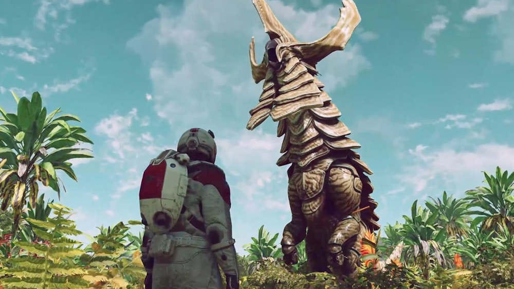 An astronaut in Starfield looking up at a tall animal An astronaut in Starfield looking up at a tall animal