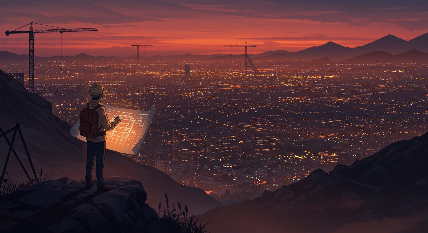 Architect on hilltop with glowing blueprint overlooks city, symbolizing AI content outline planning.