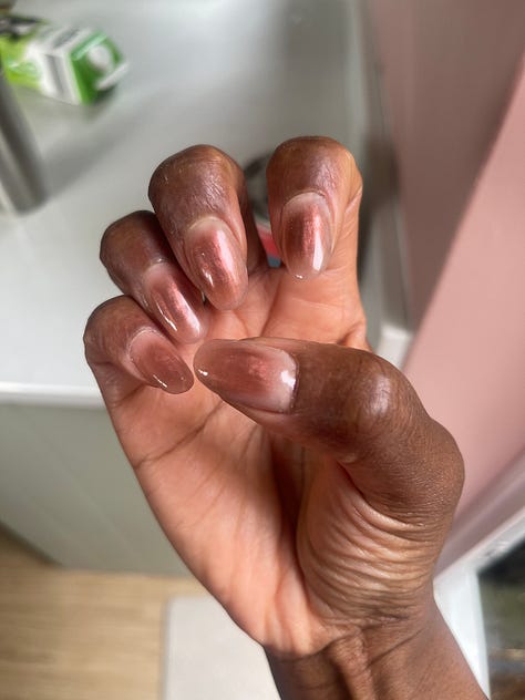 9 photos of my attempt at gel nail designs April 2024 to July 2024