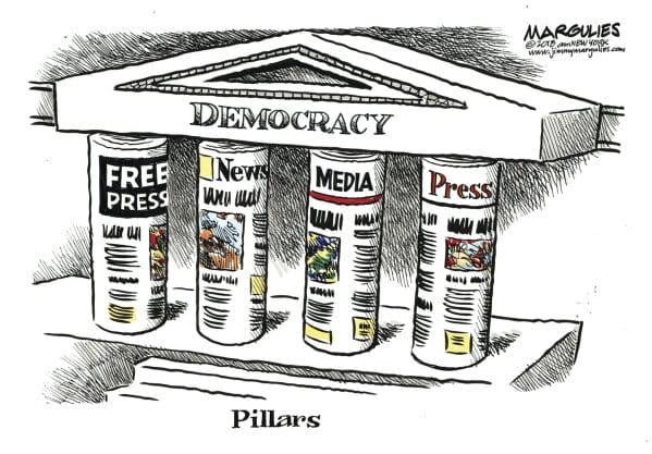 
              This image provided by Jimmy Margulies shows  “Pillars,” by King Features editorial cartoonist Jimmy Margulies, that is one of dozens of political cartoons focusing on the First Amendment in a new exhibit, “Front Line: Editorial Cartoonists and the First Amendment” at Ohio State University’s Billy Ireland Cartoon Library & Museum in Columbus, Ohio. The display runs the gamut from a 1774 cartoon by Paul Revere criticizing Britain’s use of tea as a political weapon to a 2018 cartoon lampooning the blocking of online conservative commentary.  (Jimmy Margulies via AP)
            