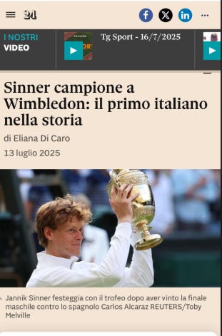 "Sinner campione a WImbledon: è il primo italiano di sempre" intitola la Gazzetta dello Sport