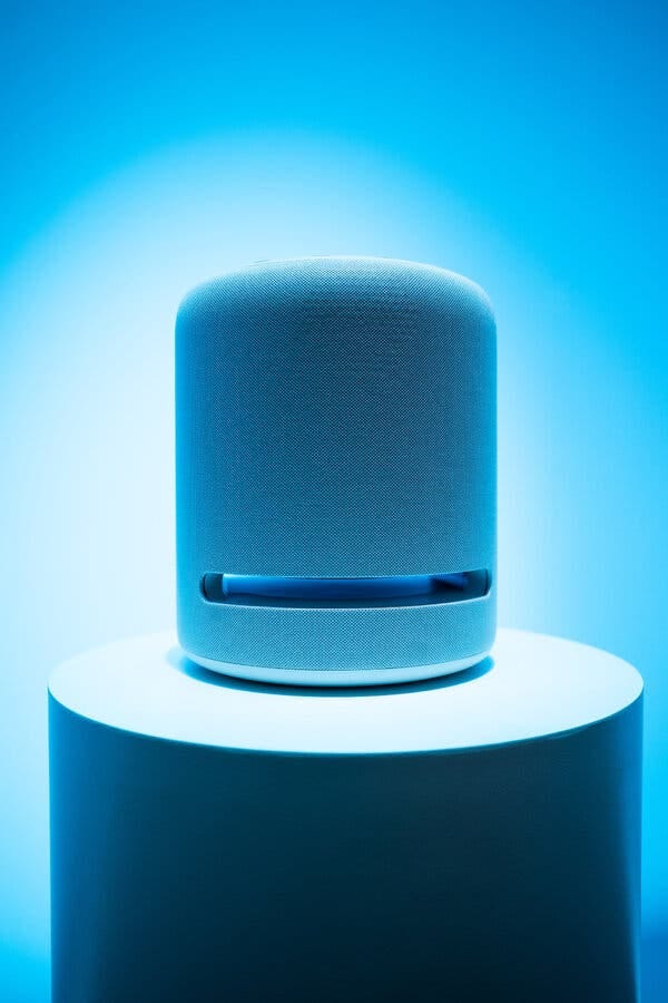 An Alexa device sits on a table.
