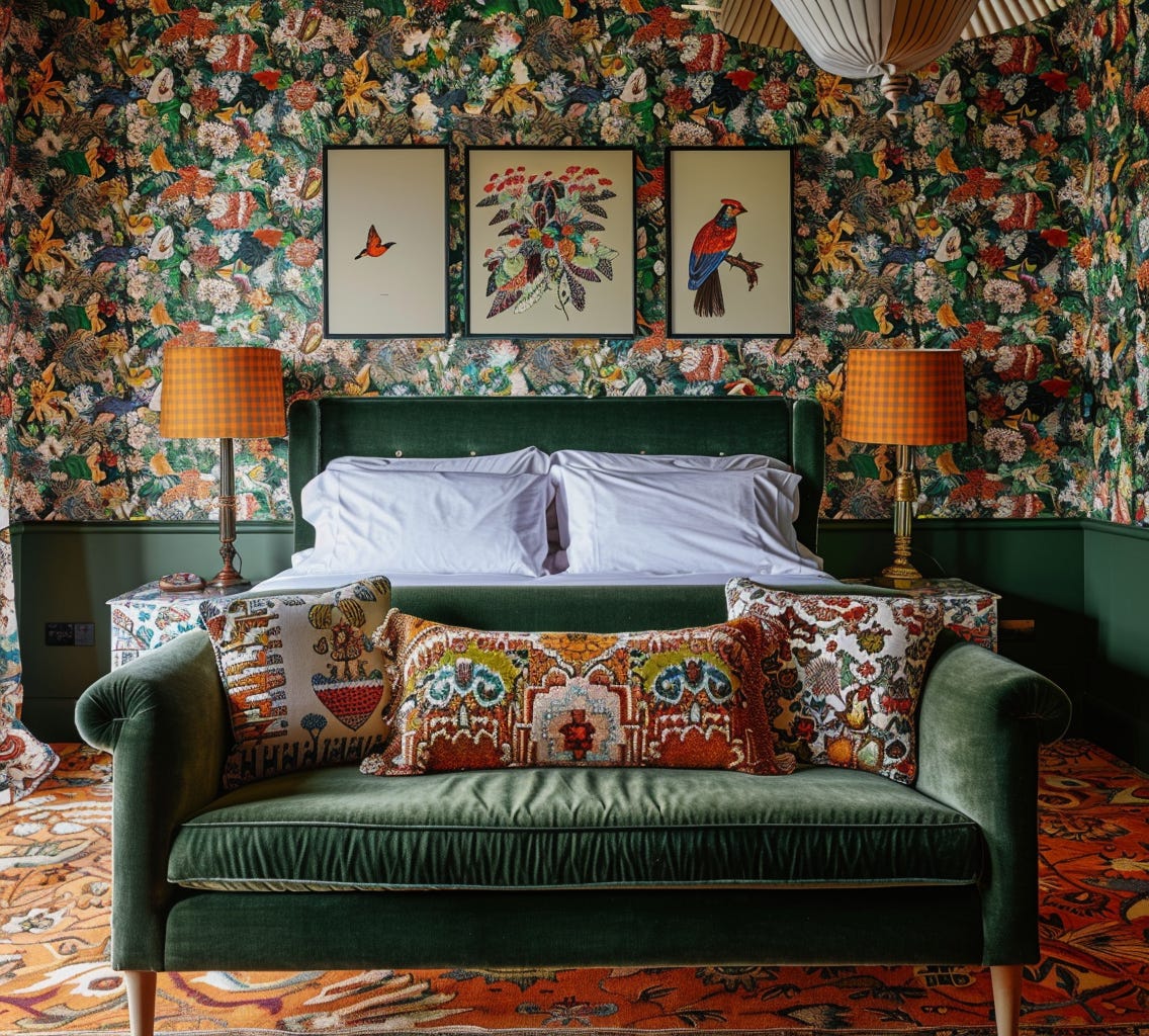 sumptuous maximalist bedroom with emerald green velvet bedhead and sofa, botanical wallpaper, and plaid fabric lampshades, plush design interiors adelaide