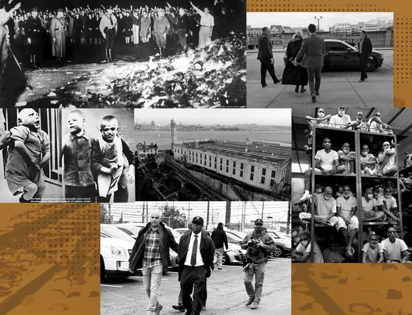 Collage of images from Holocaust, El Salvador prisoners crammed, Ras Baraka arrested and more.