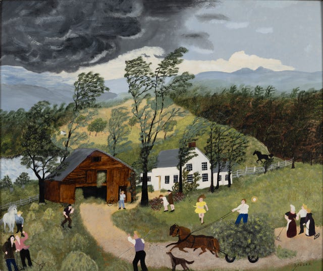 Grandma Moses, The Thunderstorm - oil paint pastoral farm scene with people, animals, barn, house and trees, clouds are beginning to darken the sky and warn of impending thunderstorm.