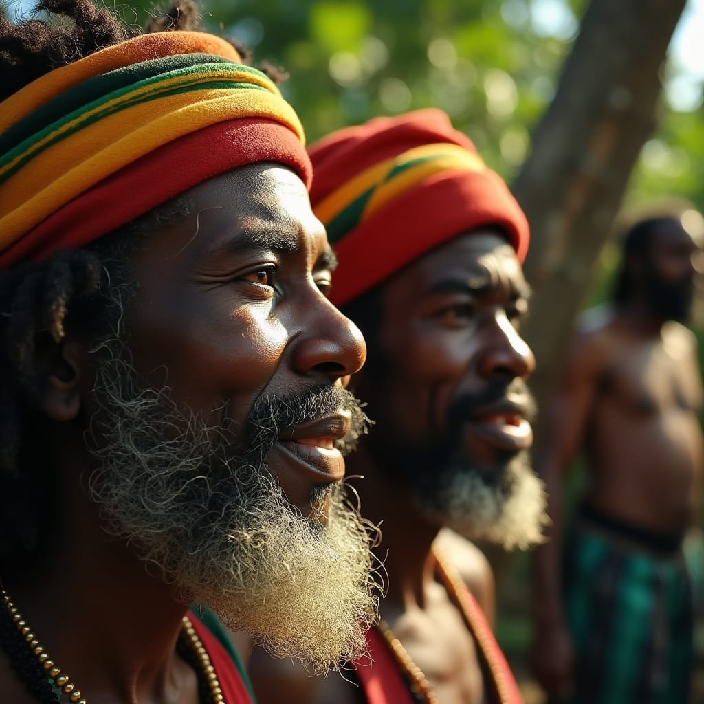 Close-up of vibrant Jamaican Rastafarians in a thriving community, warm sunlight dancing across their faces, rich wood tones and earthy textures of their surroundings, cinematic lighting with deep shadows and golden highlights