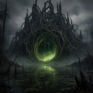Entrance to the Hollow of Berez — a massive tangle of vines, thorns, and roots forming a towering organic wall, with a gaping thirty‑foot opening like a living wound, mist curling around it, faint sickly green light pulsing from within, swamp water reflecting the glow