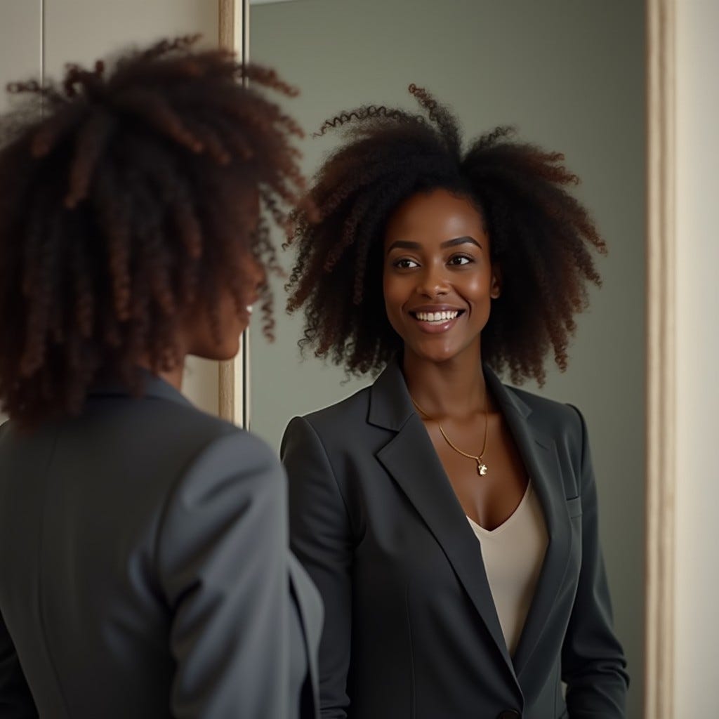 African American woman standing in front of a mirror. She’s wearing a nice suit her long natural hair. She’s smiling softly—but in the mirror, she is talking to herself and reading her declaration. Her eyes in the mirror show bold, fierce and hopeful. The mirror feels transparent yet honest—revealing the emotions she hides from the world. The background is soft and neutral, keeping the focus on the contrast between how she presents herself and what’s really going on inside. African American woman standing in front of a mirror. She’s wearing a nice suit her long natural hair. She’s smiling softly—but in the mirror, she is talking to herself and reading her declaration. Her eyes in the mirror show bold, fierce and hopeful. The mirror feels transparent yet honest—revealing the emotions she hides from the world. The background is soft and neutral, keeping the focus on the contrast between how she presents herself and what’s really going on inside.