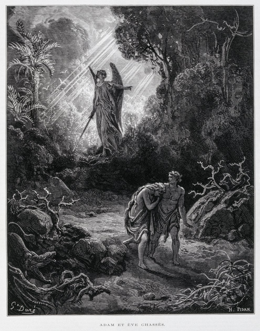 Adán y Eva desterrados del Jardín del Edén por un ángel, Ilustración de la Biblia de Dore de Gustave Dore