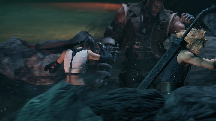 Fighting failed experiments, experimentation tanks with human subjects in them, Cloud remembering his own treatment, and Whispers whisking them away.
