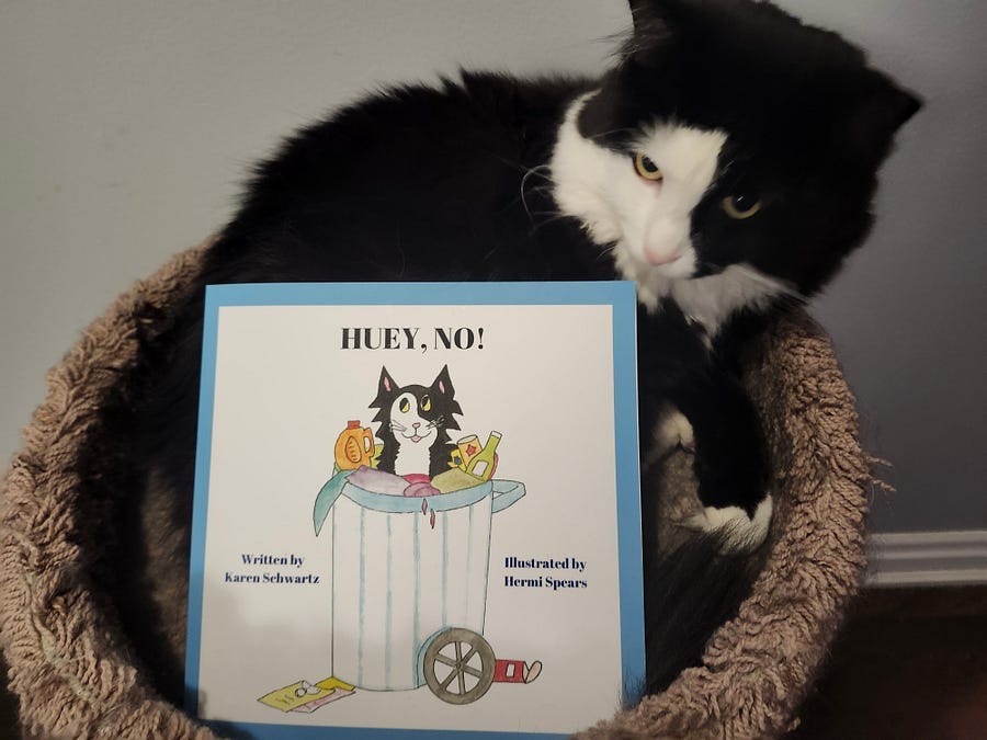 Huey, a black and white kitten sniffing his book, Huey, No! with a cartoon black and white kitten who looks like him sitting in a recycling bin on the cover.