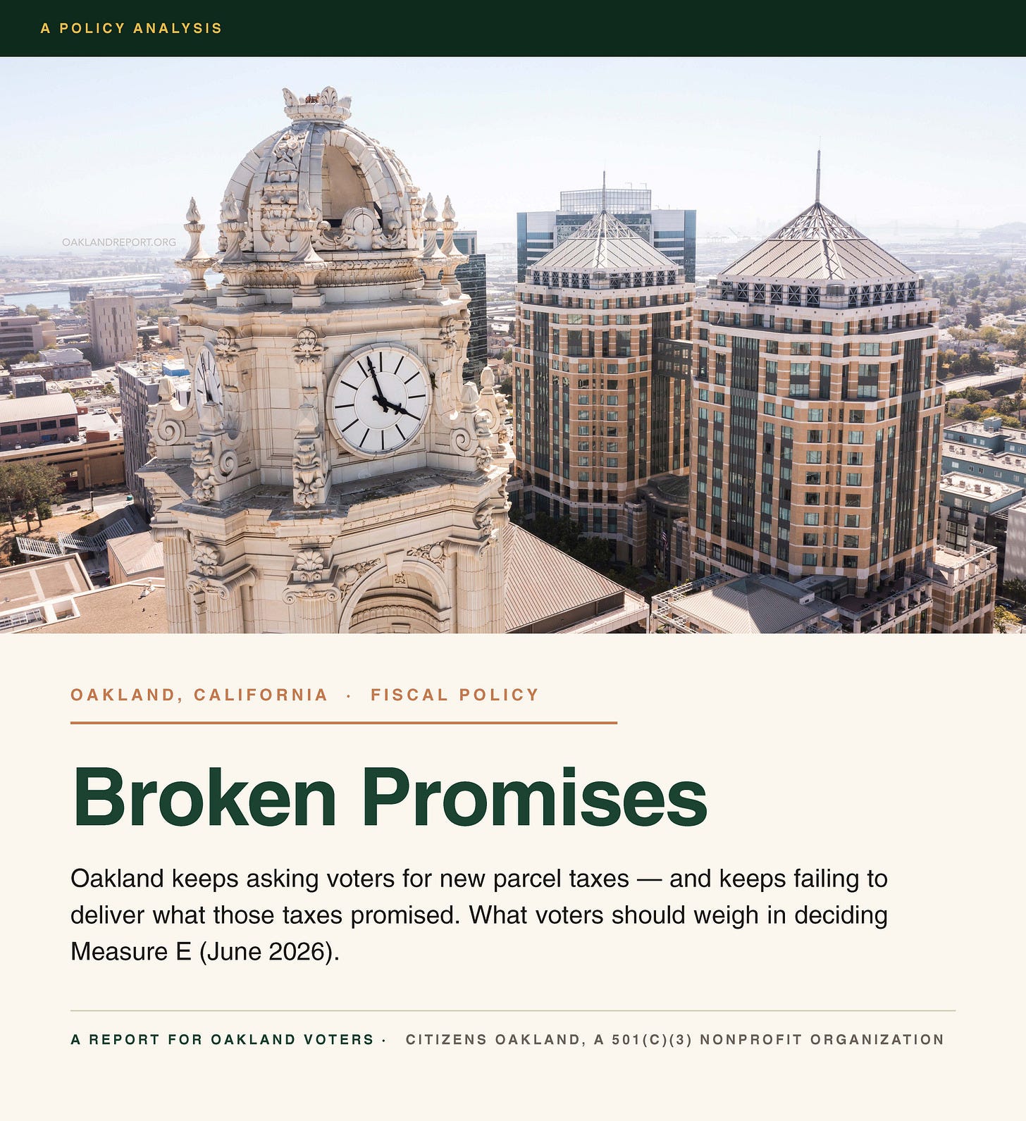 Oakland keeps asking voters for new parcel taxes — and keeps failing to deliver what those taxes promised. What voters should weigh in deciding Measure E. (Image source: Oakland Report / City of Oakland)