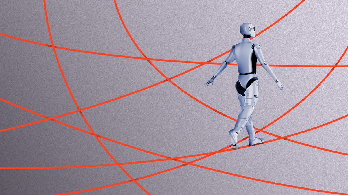 Illustration of a robot balancing on a string of red tape as if it were a tightrope, with a multitude of pieces of red tape all around. 