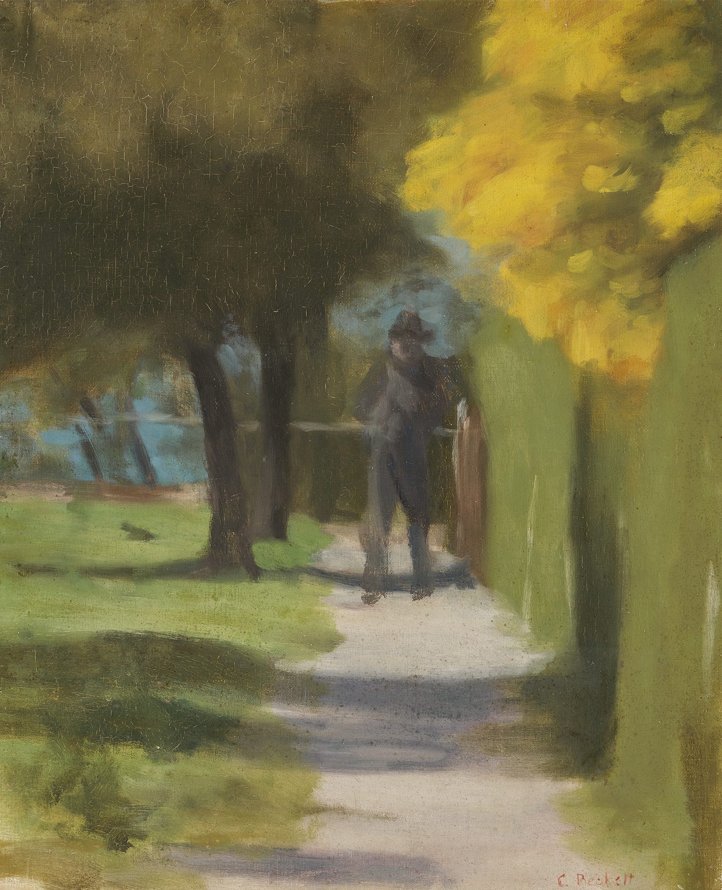 A painting by Clarice Beckett, blurry realism, with a man in the distance in a suburban street A painting by Clarice Beckett, blurry realism, with a man in the distance in a suburban street