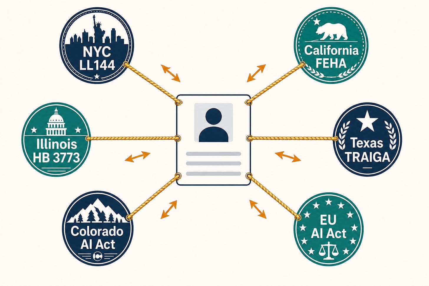 One job applicant's profile pulled in six directions by six regulatory seals: LL144, FEHA, Illinois, Texas, Colorado, EU.