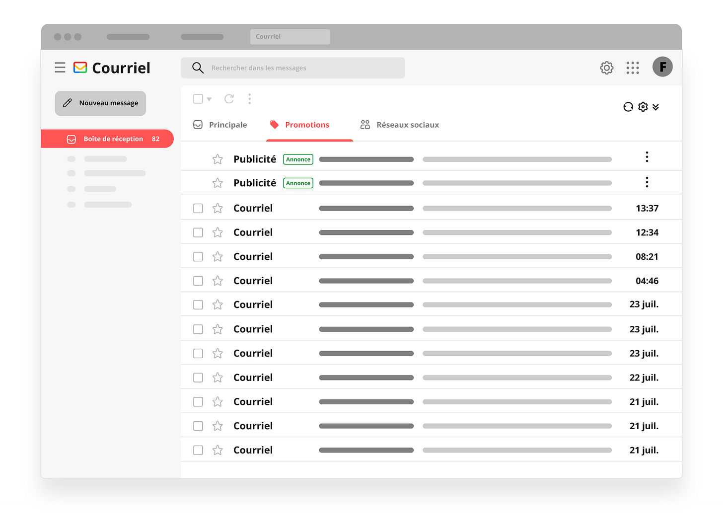 Illustration de publicités insérées entre les courriels Illustration de publicités insérées entre les courriels