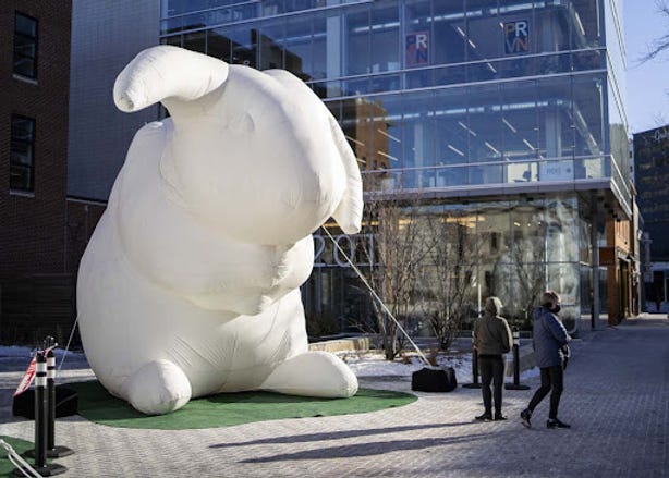 A giant bunny blowup in the Iowa City ped mall.