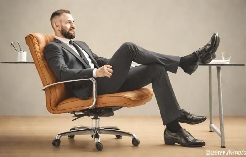 Terrible AI generated image of a white man with three legs, created in response to prompt "business amputee"
