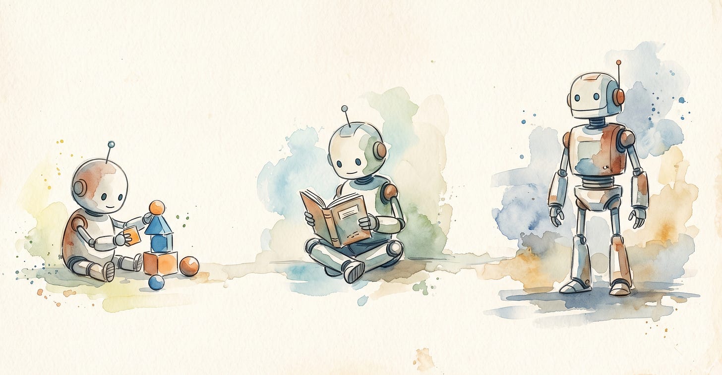 A watercolor-style cartoon of a robot at three stages of life, as a baby playing with blocks, as a child reading a book, and as an adult